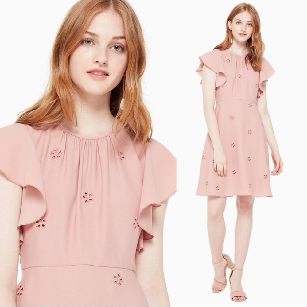 Kate Spade • Cutout Crepe Dress pink eyelet ruffle sleeve flutter Faded Peony